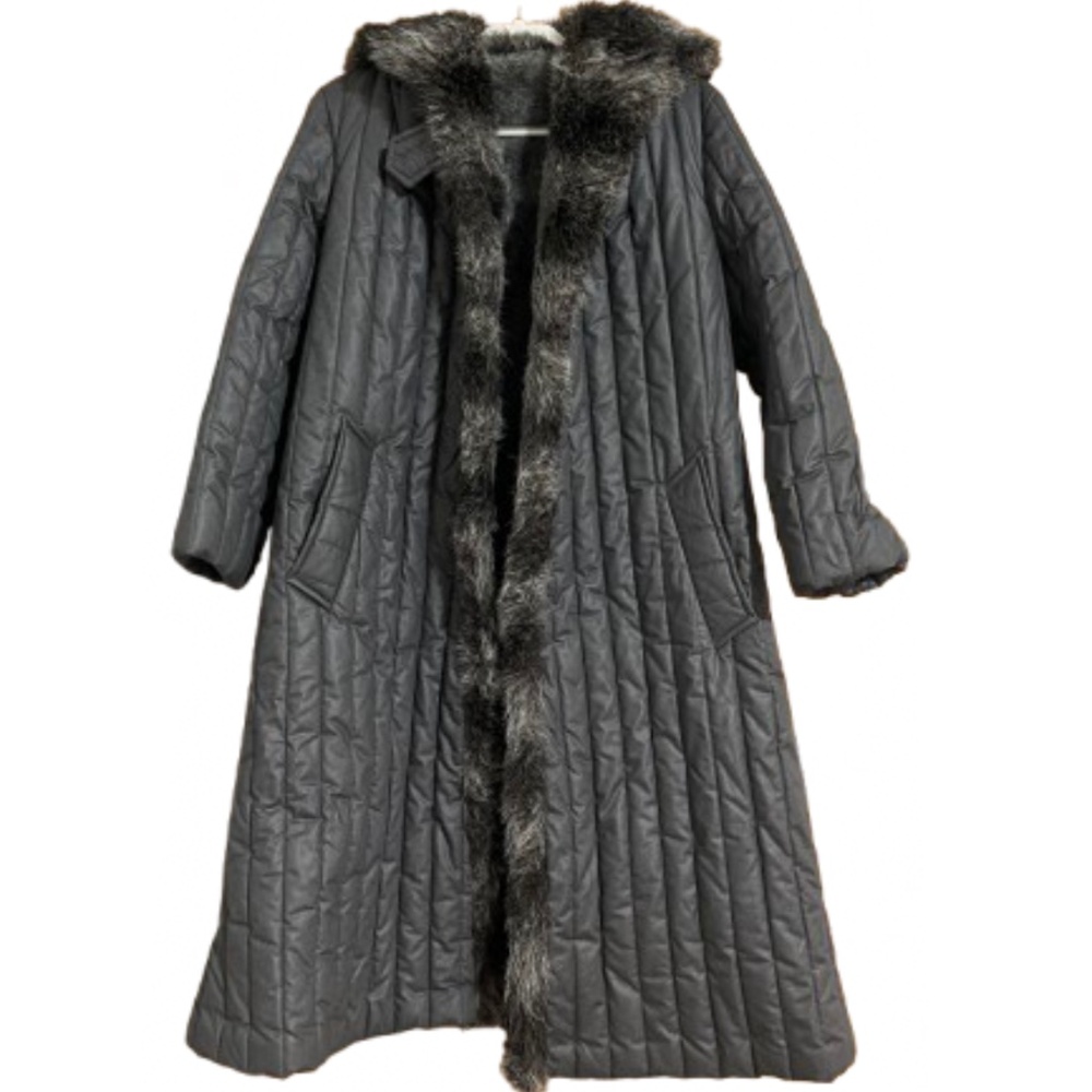 Vintage Smug Women’s Gray Quilted Hooded Faux Fur Long Winter Jacket Sz-M/L